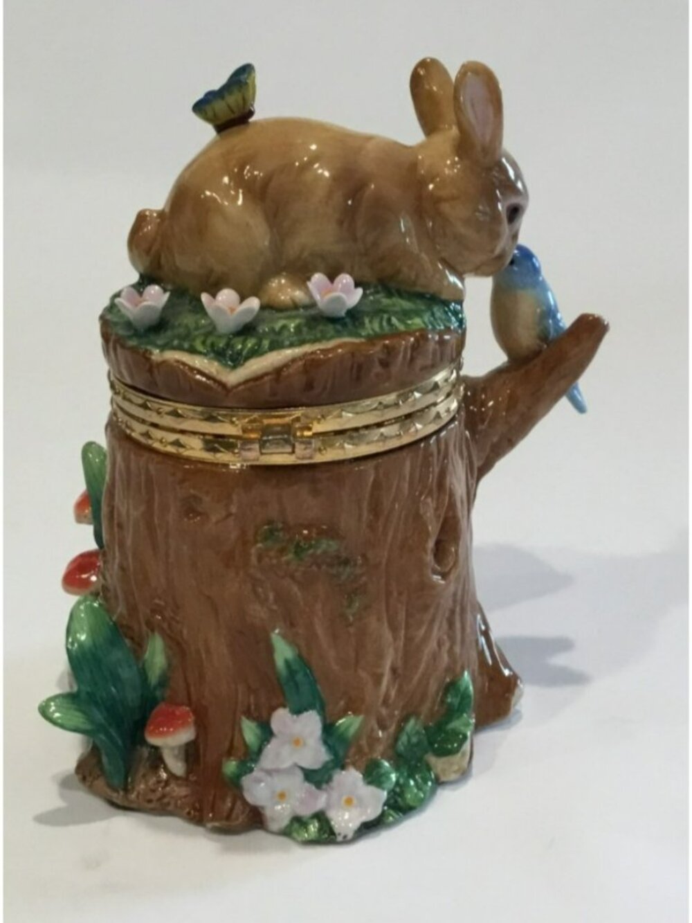 CWC 6.5" Ceramic Trinket Box Tree Stump Easter Bunny Rabbit Bird Butterfly - Picture 4 of 9